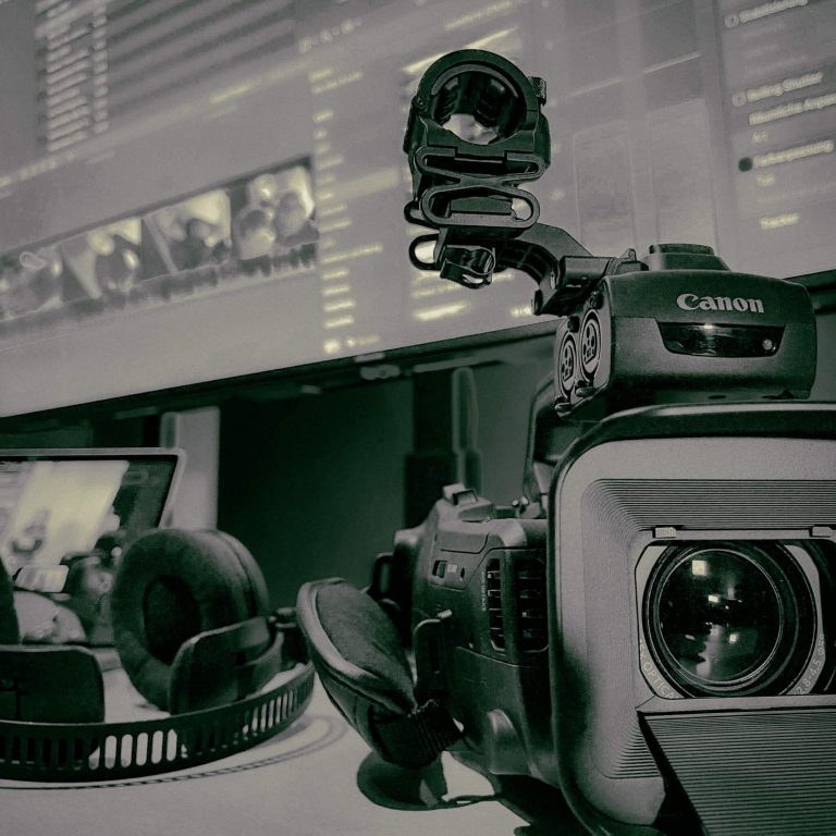 Social Media Content Produktion Professionelle Kamera mit Monitor und Headset im Hintergrund.