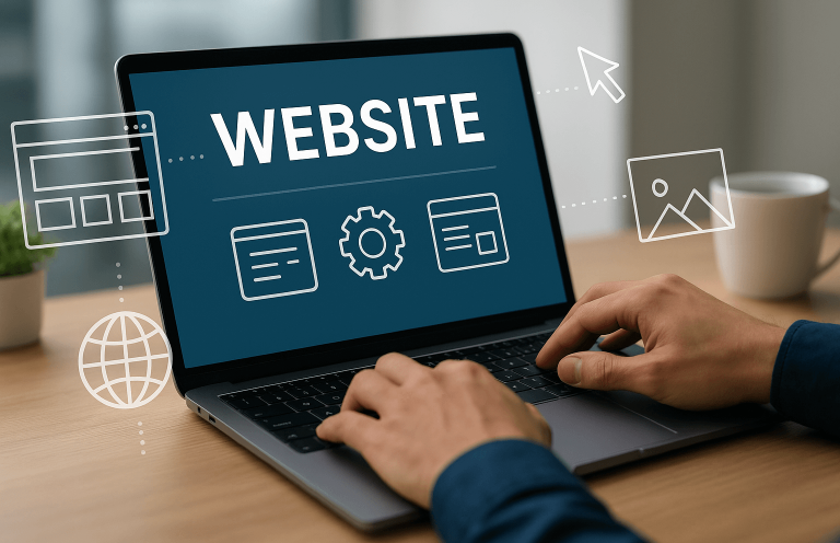 Laptop mit dem Text "WEBSITE" und Icons für Online-Dienste auf dem Bildschirm.