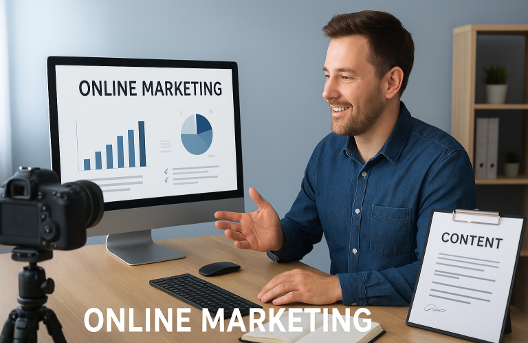 Mann erklärt Online-Marketing mit Diagrammen an einem Computer. Kamera und Notizen sichtbar.