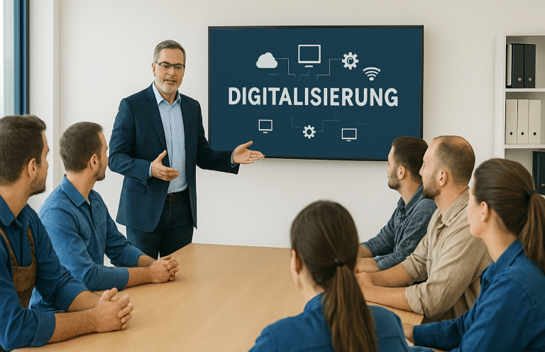 Mann präsentiert Digitalisierungsthemen vor einer Gruppe im Konferenzraum.