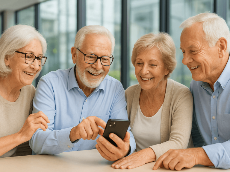 Vier ältere Menschen lächeln und schauen zusammen auf ein Smartphone.