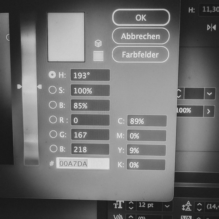Corporate Design Farbwerte und Einstellungen für ein Designprogramm auf einem Monitor.
