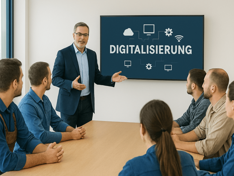 Workshop bei digitalisierung 24/7 Ein Mann präsentiert zum Thema Digitalisierung vor einer Gruppe am Tisch.