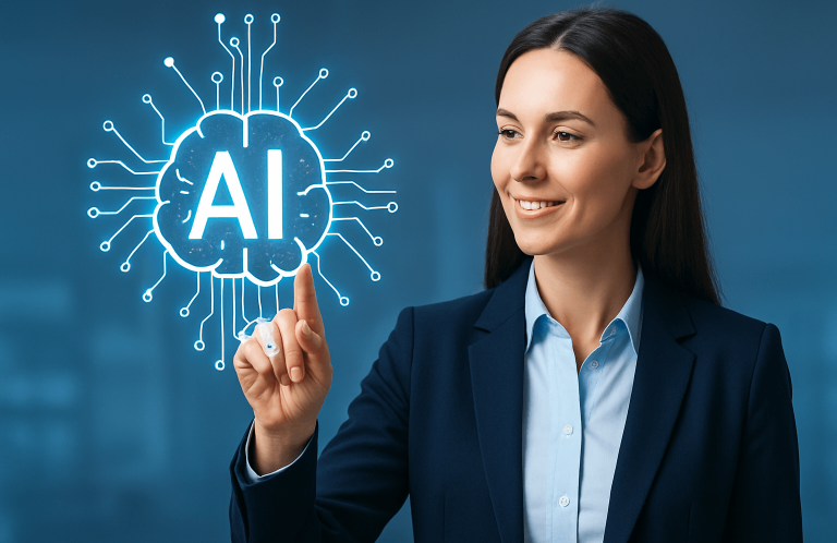 Frau im Anzug zeigt auf eine schematische Darstellung von Künstlicher Intelligenz.