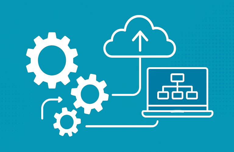 Grafik mit Zahnrädern, einer Cloud und einem Computer, die Datenübertragung symbolisieren.